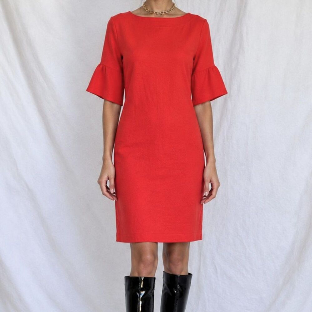 Vintage Y2K Orange Short Ruffle Sleeve Knee Length Shift Dress Cocktail Size M/L
